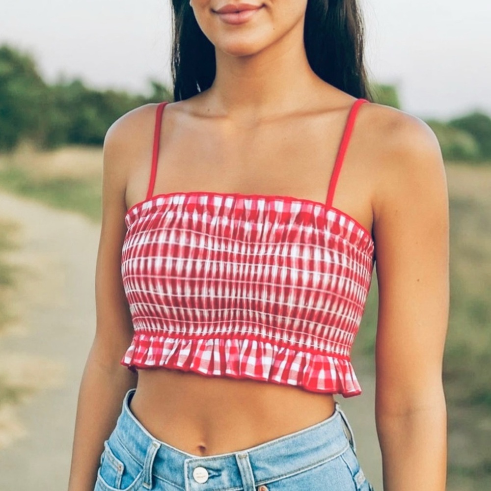 Colsie Red Gingham Ruffle Smocked Top - Picture 2 of 5
